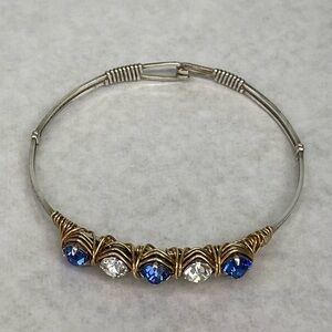 Custom Silver and Gold wire Bracelet with Blue and crystal stones.